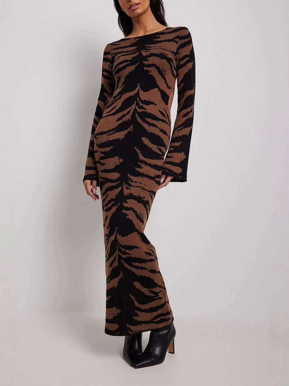 Zara Brown Printed Long Sleeve Knit Bodycon Side Slit Dress - Picture 5 of 6